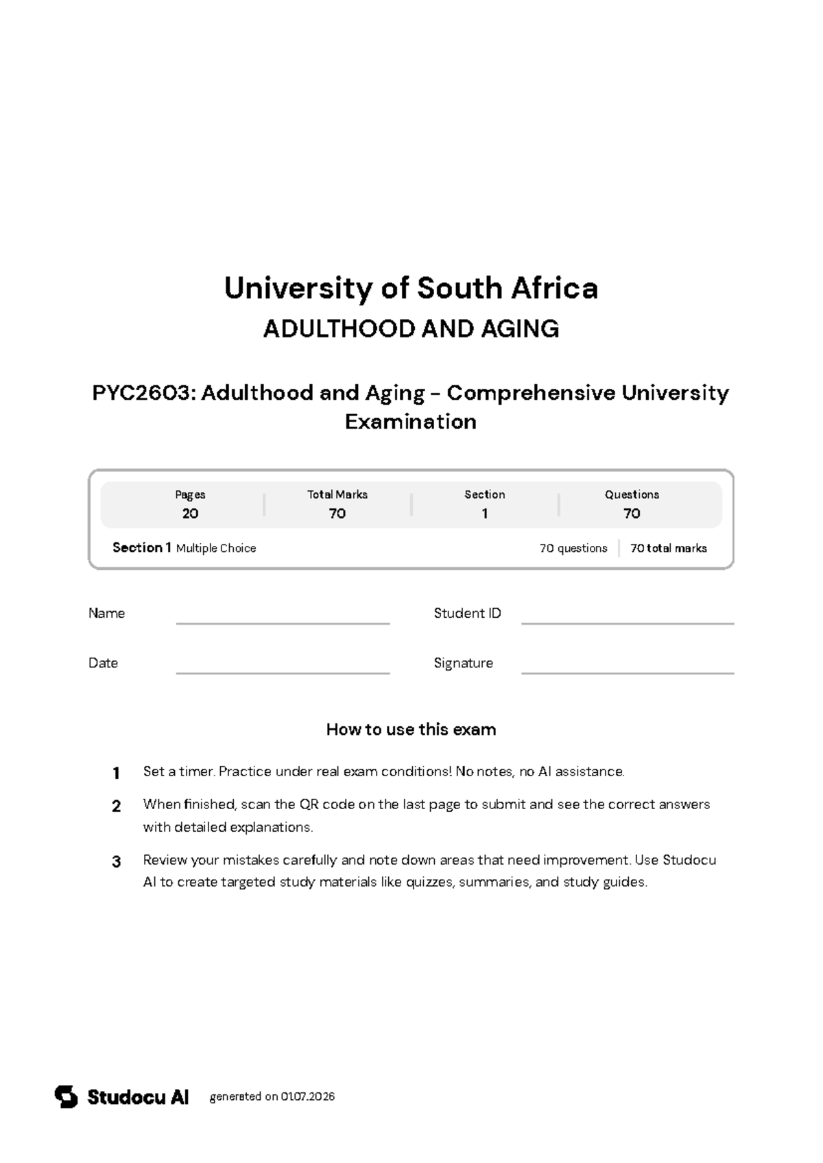 PYC2603: Adulthood and Aging - Comprehensive Exam - Studocu