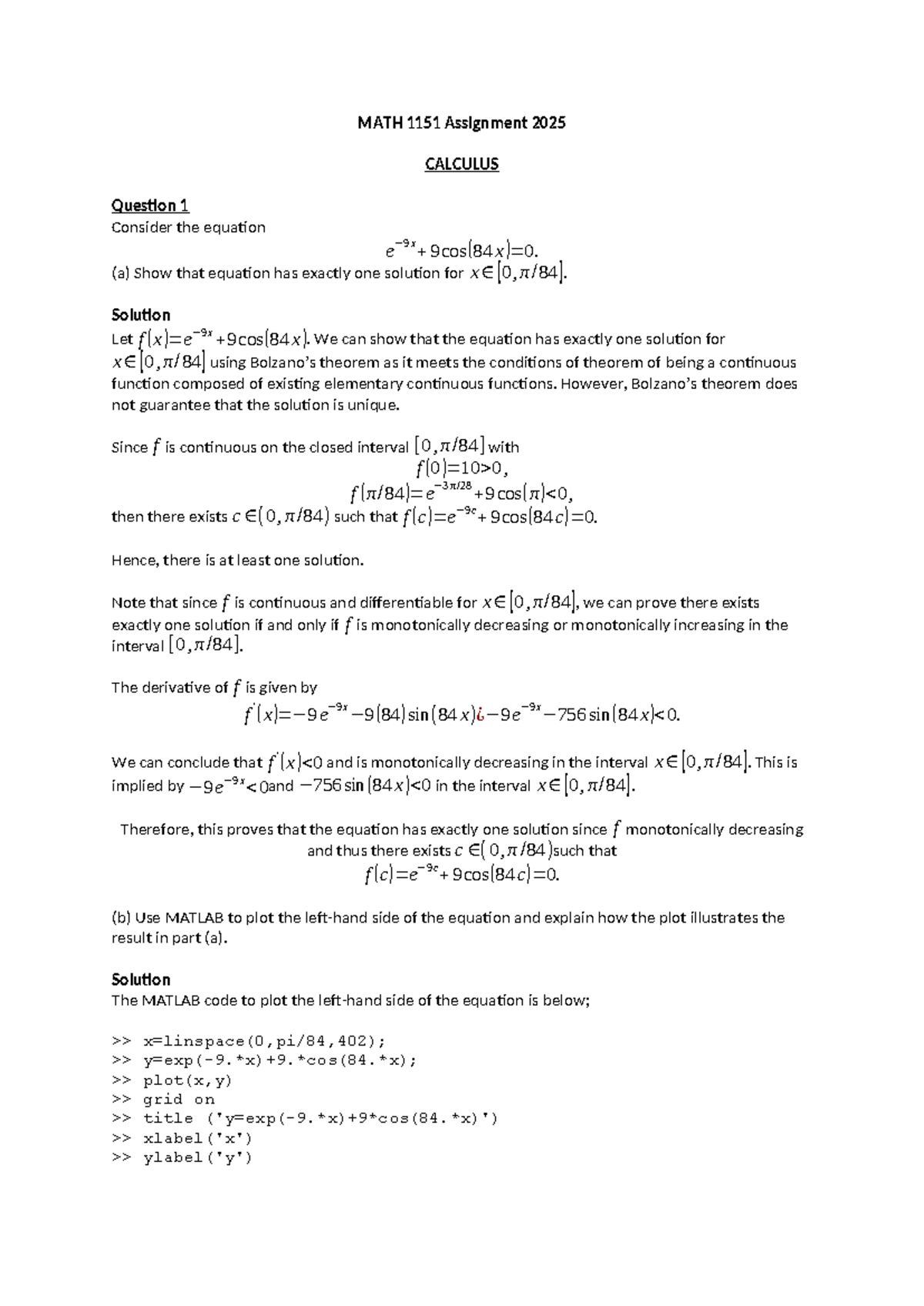 MATH 1151 Assignment 2025: Analyzing Solutions in Calculus - Studocu