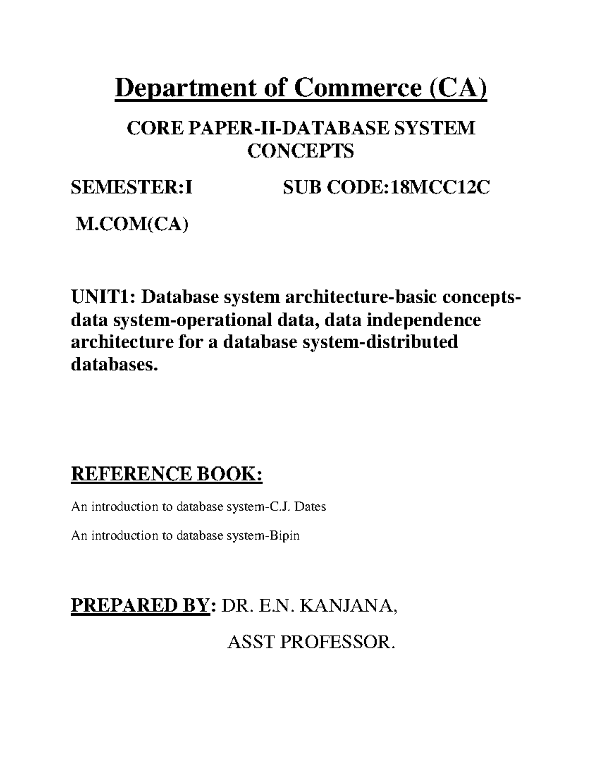 Data base Management System - Department of Commerce (CA) CORE PAPER-II ...