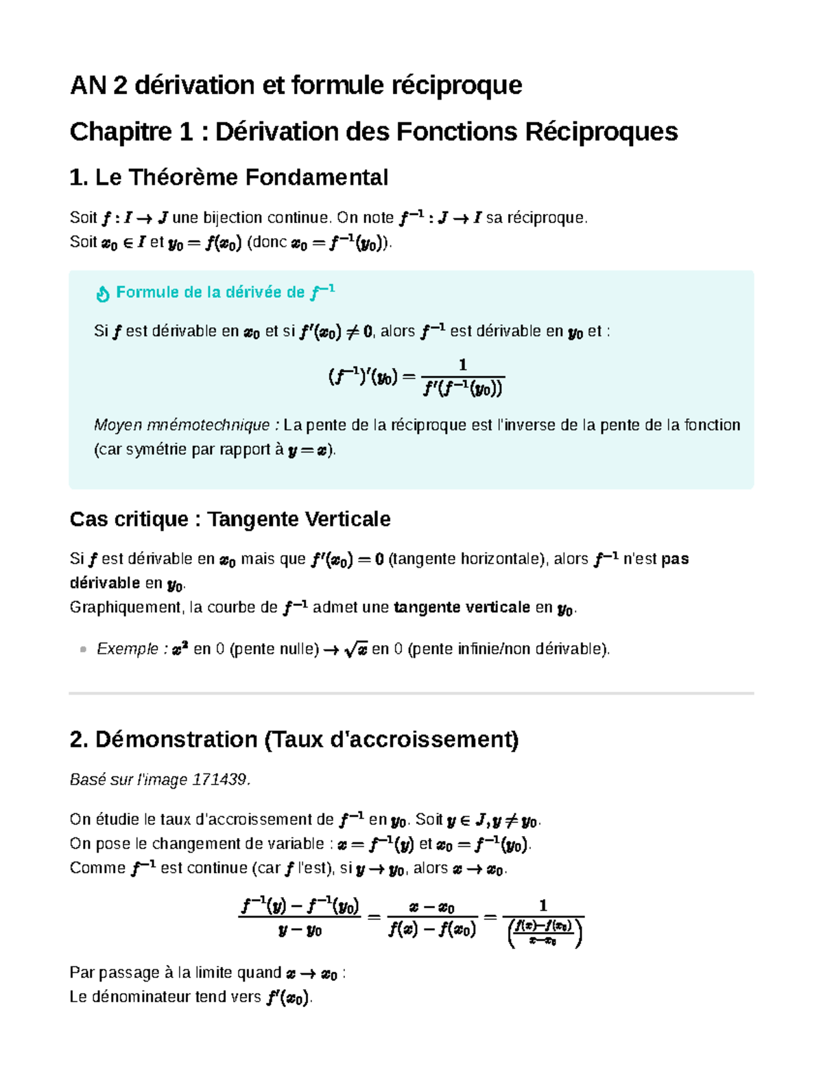 AN 2 Dérivation et Formule Réciproque - Chapitre 1 - Studocu