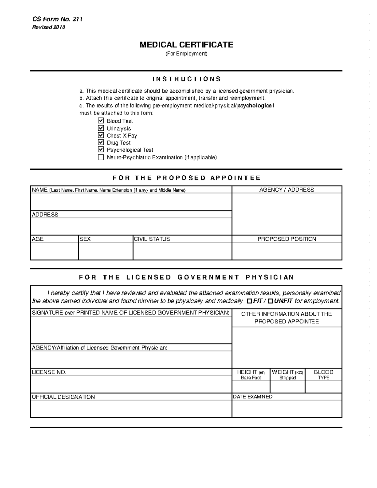 CS Form No. 211 Medical Certificate Guidelines (Revised 2018) - Studocu