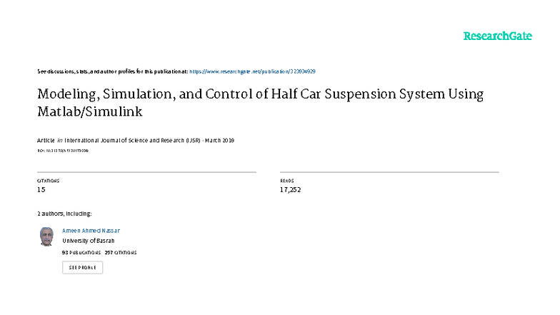 Modeling and Control of Half Car Suspension System (ENG 201) - Studocu