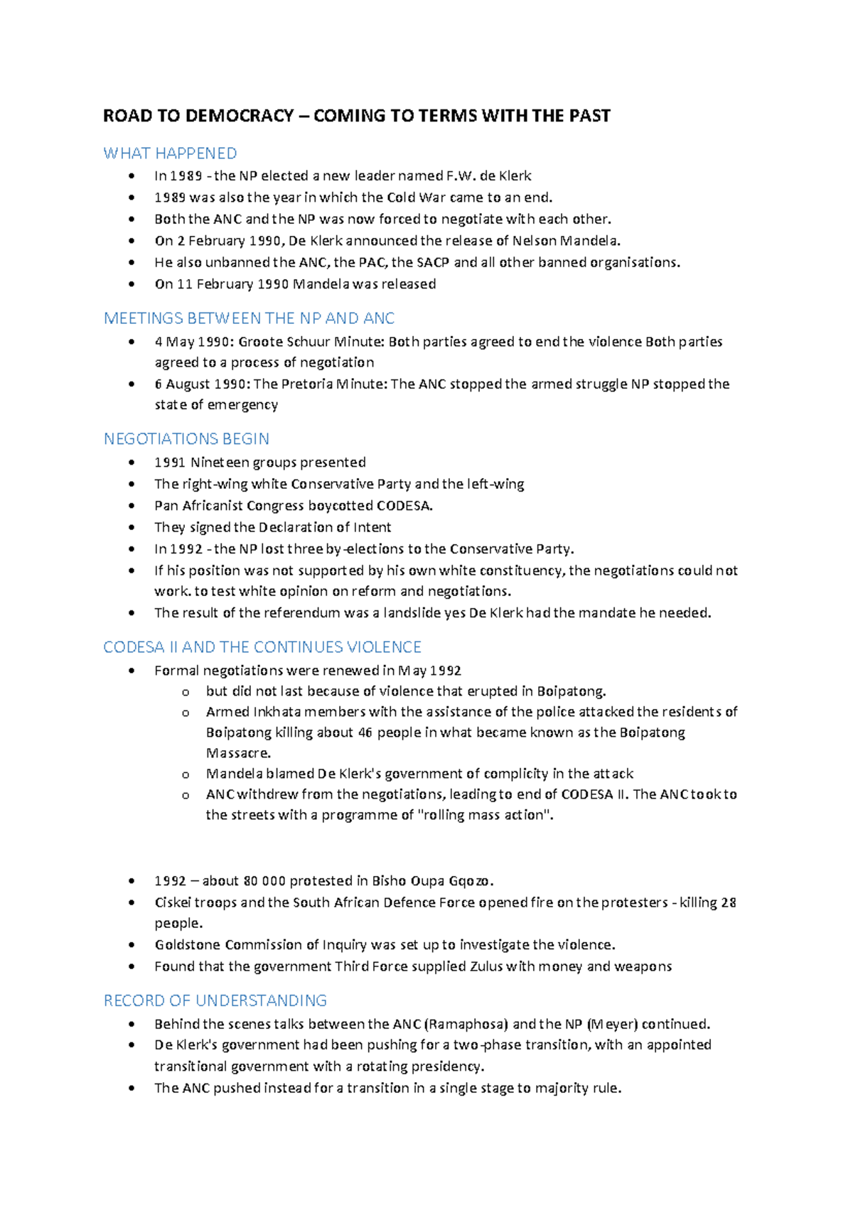 HIST 101: The Road to Democracy in South Africa (1990-1994) - Notes ...
