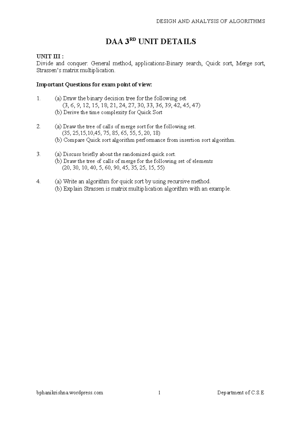 DAA 3: Unit III Notes - Understanding Divide and Conquer Algorithms ...