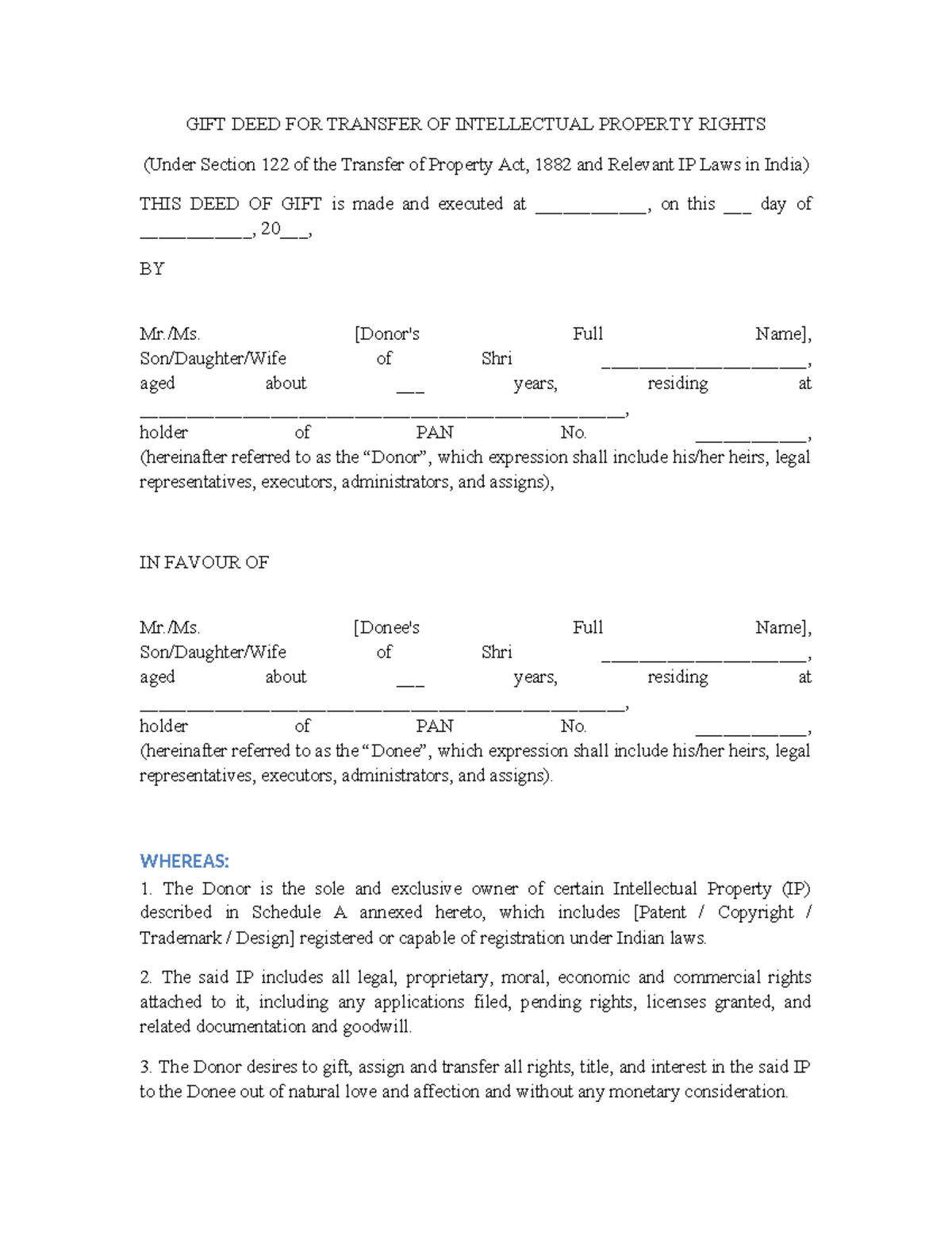 GIFT DEED FOR INTELLECTUAL PROPERTY TRANSFER (IP Law) - Studocu