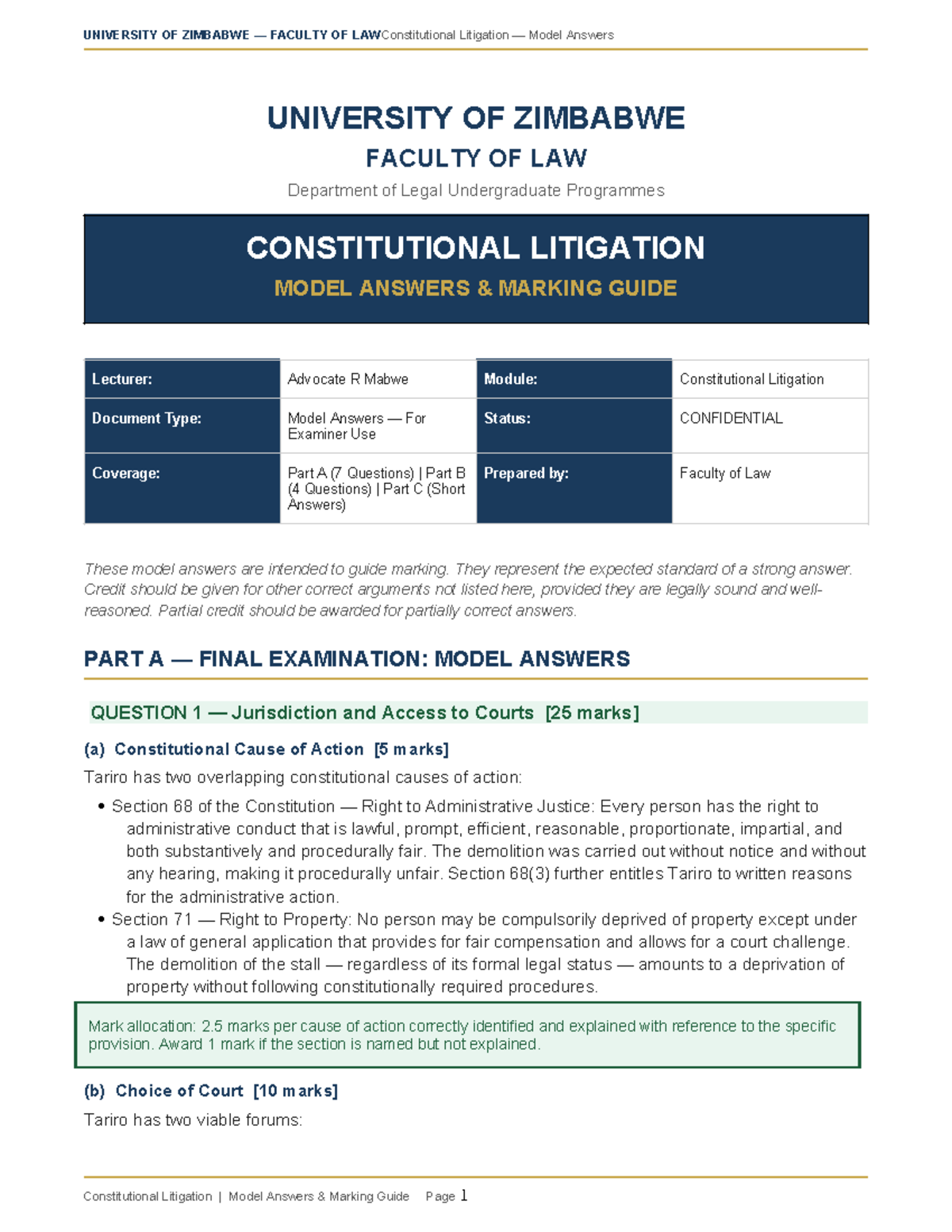 Constitutional Litigation Model Answers - UZ LAW Final Exam Guide - Studocu
