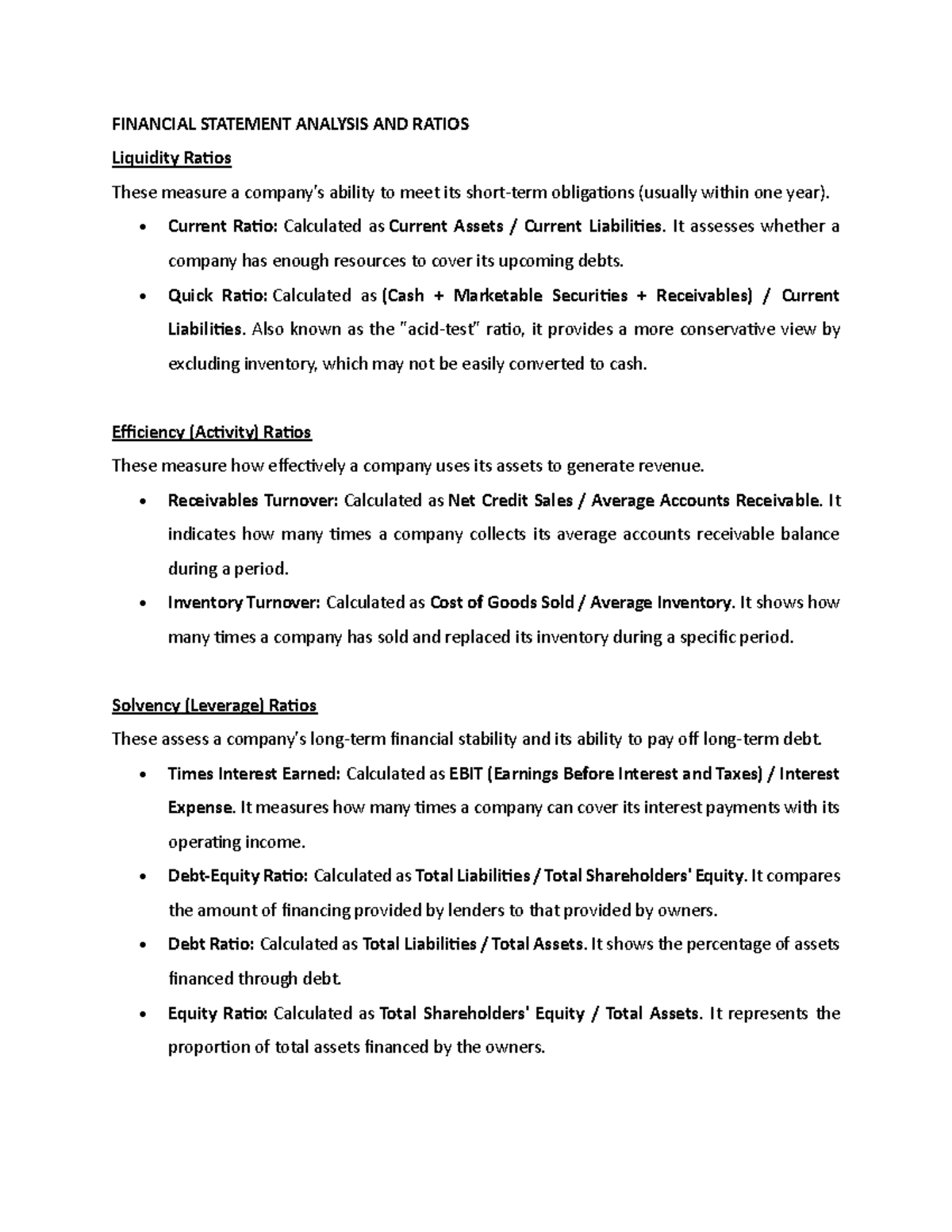 FIN 301: Financial Statement Analysis & Key Ratios Overview - Studocu
