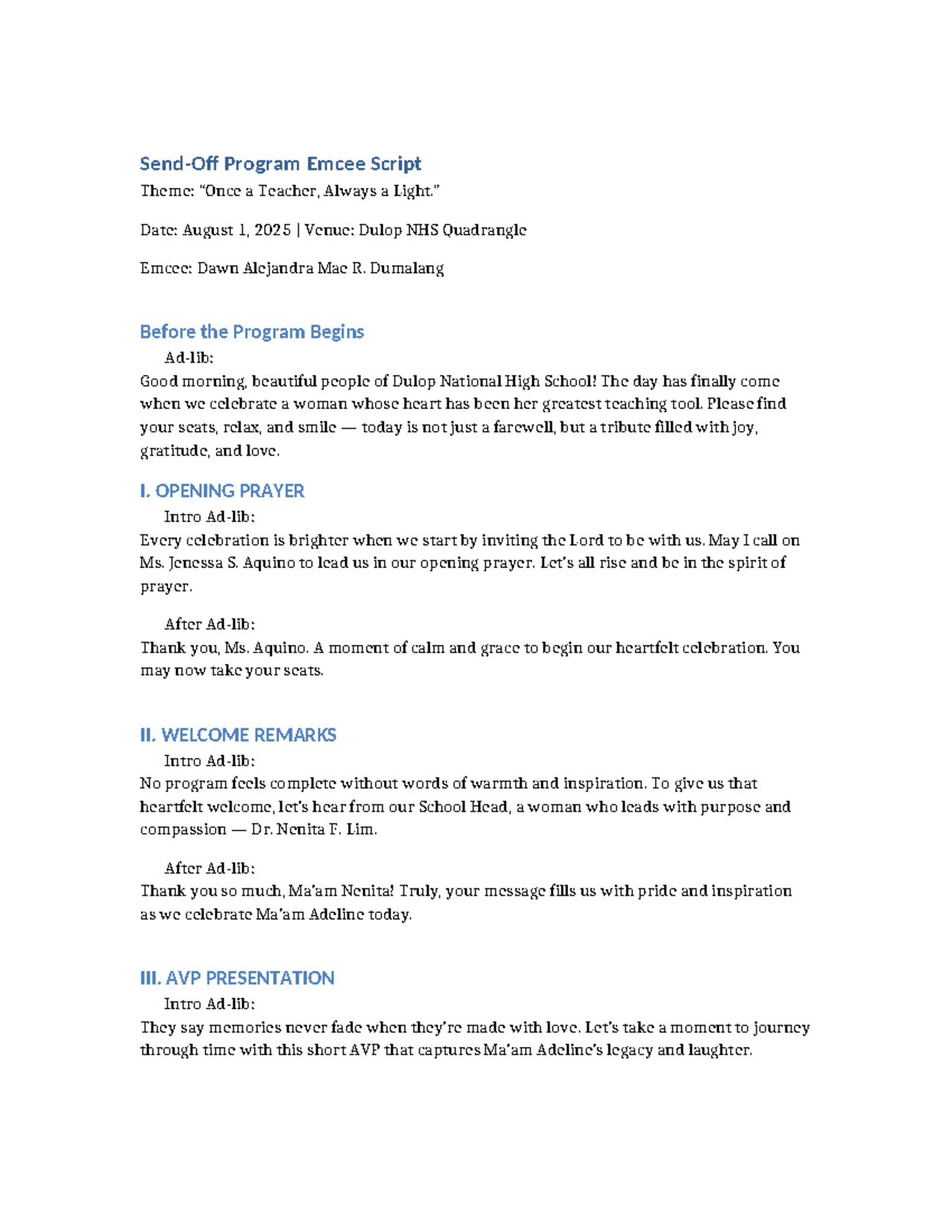 Send Off Program Emcee Script: A Teacher's Tribute - Studocu