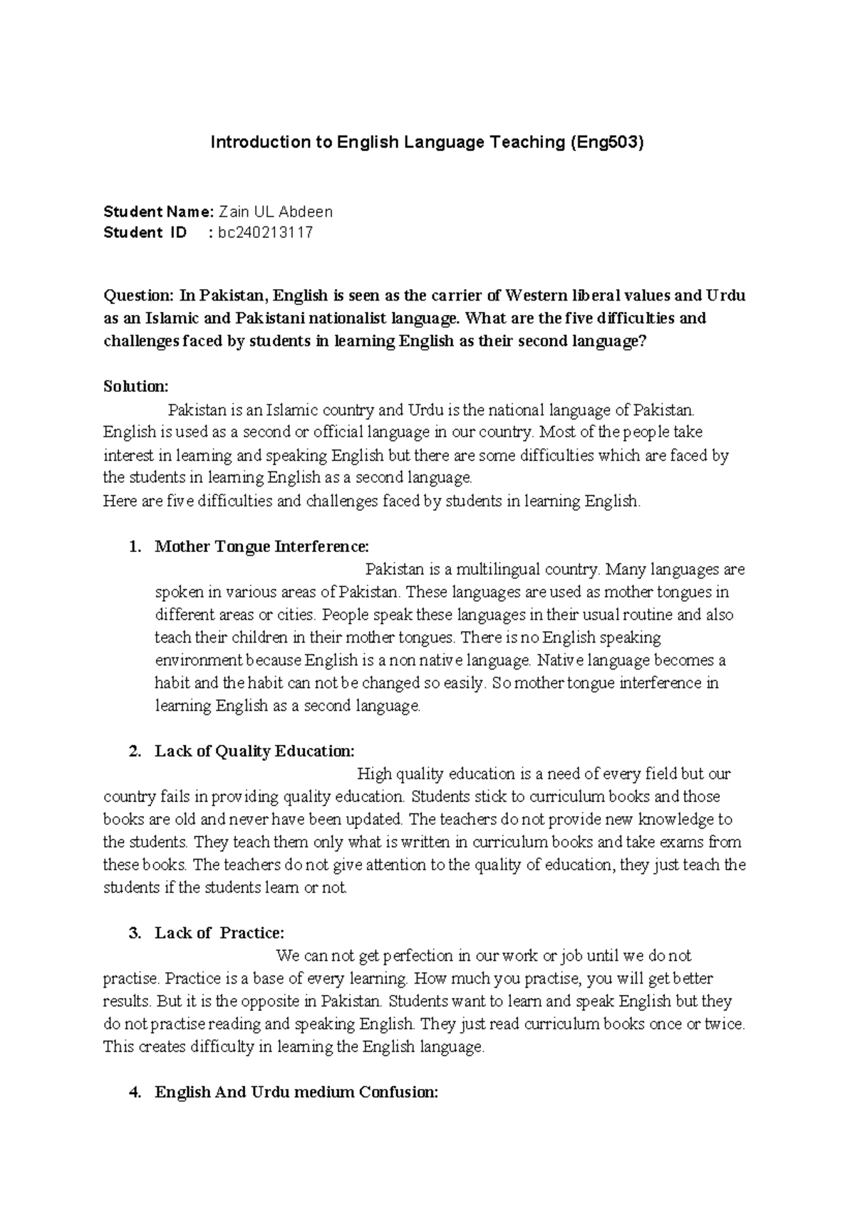 Challenges in Learning English as a Second Language (Eng503) - Studocu