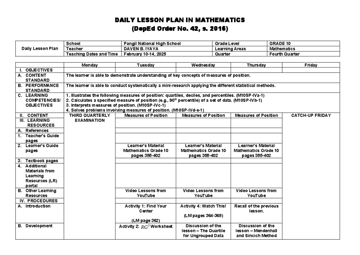 Mathematics 10-12 - DAILY LESSON PLAN IN MATHEMATICS (DepEd Order No ...