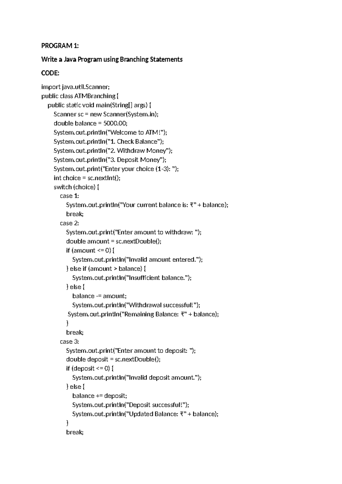 Program 1 - notes - PROGRAM 1: Write a Java Program using Branching ...