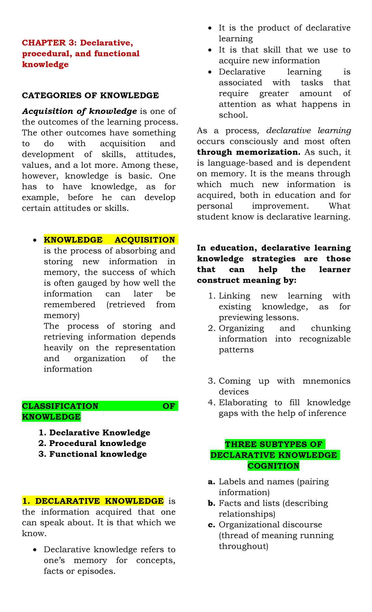 FLCT Chptr 3 Knowledge Types & Acquisition - Study Review - Studocu