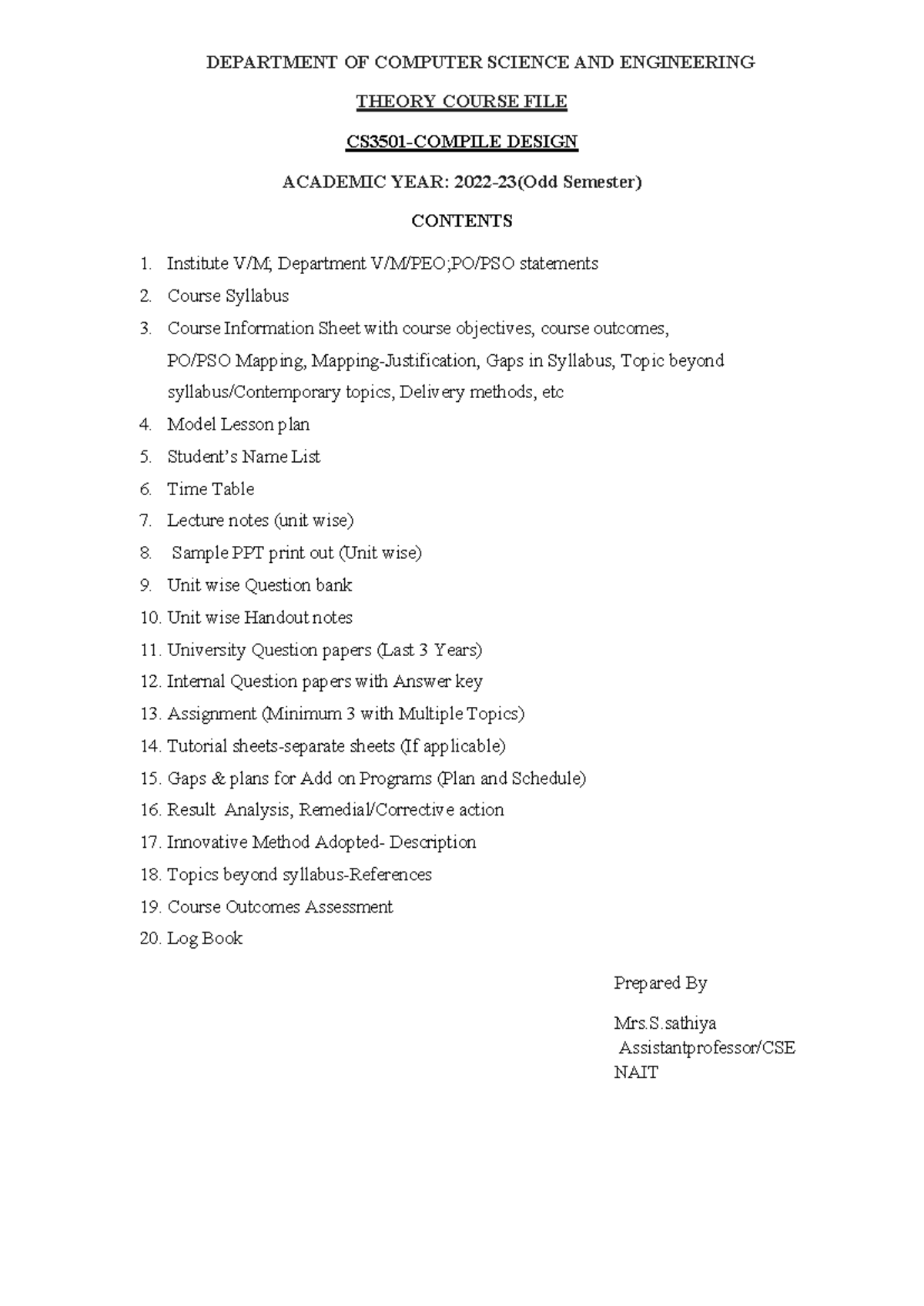 CS3501 Compiler Design Theory Course File - 2022-23 (Odd Sem) - Studocu