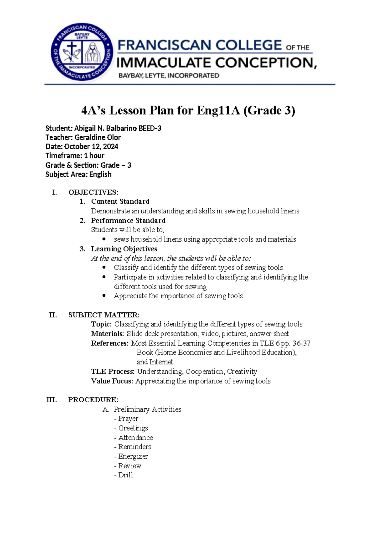 Lesson Plan for Eng11A: Sewing Tools for Grade 3 Students - Studocu