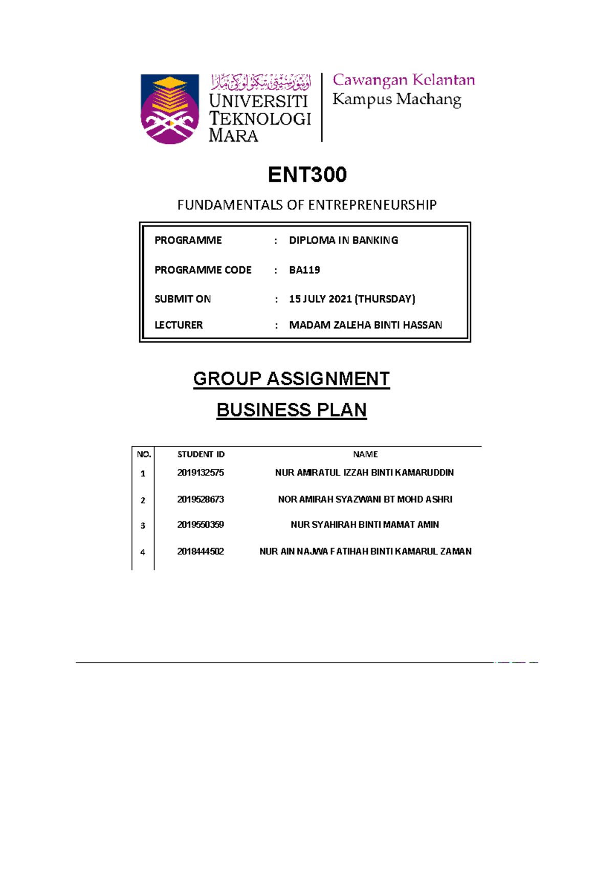 Group Assignment: Business Plan for Amisya’s Popcorn - ENT300 - Studocu