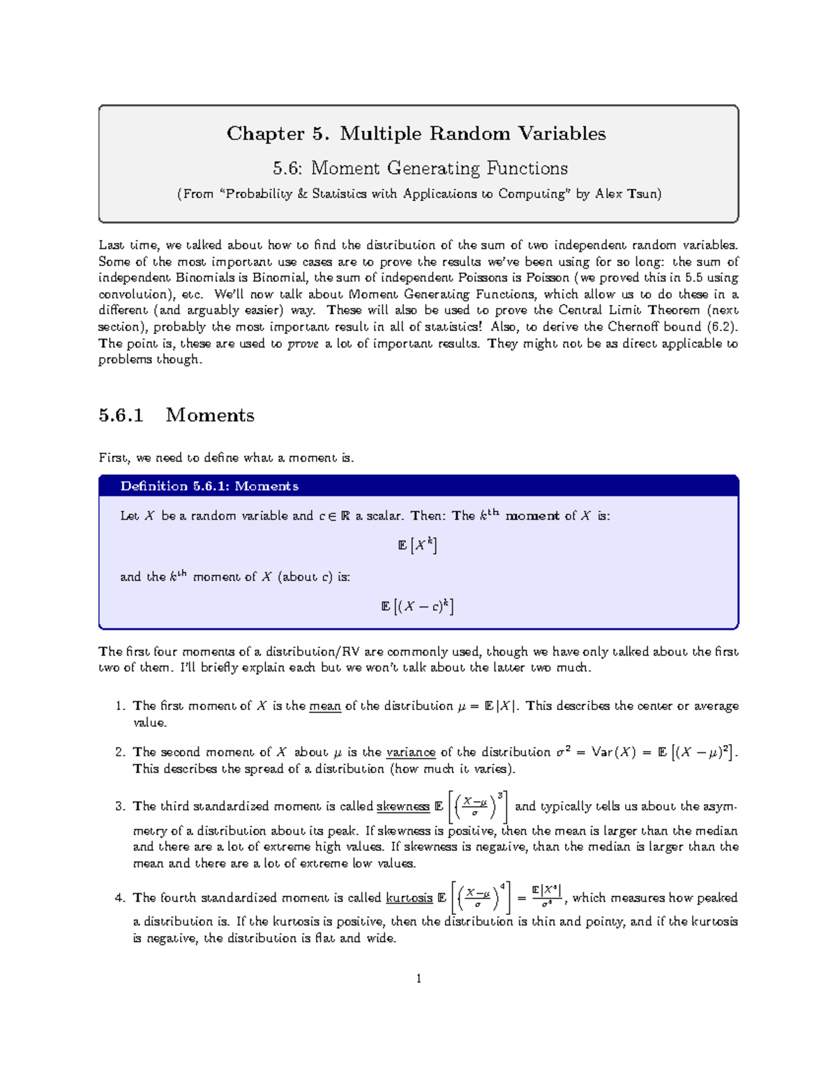 Chapter 5.6: Moment Generating Functions in Probability Statistics ...