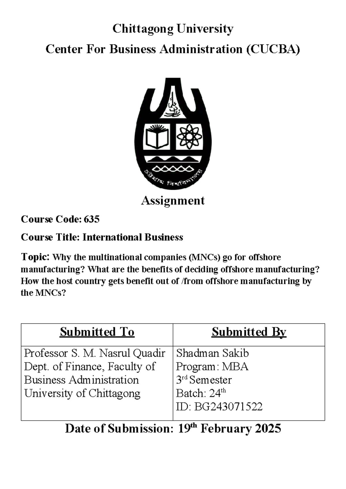 Assignment Cover 2 - Fgvv - Chittagong University Center For Business ...