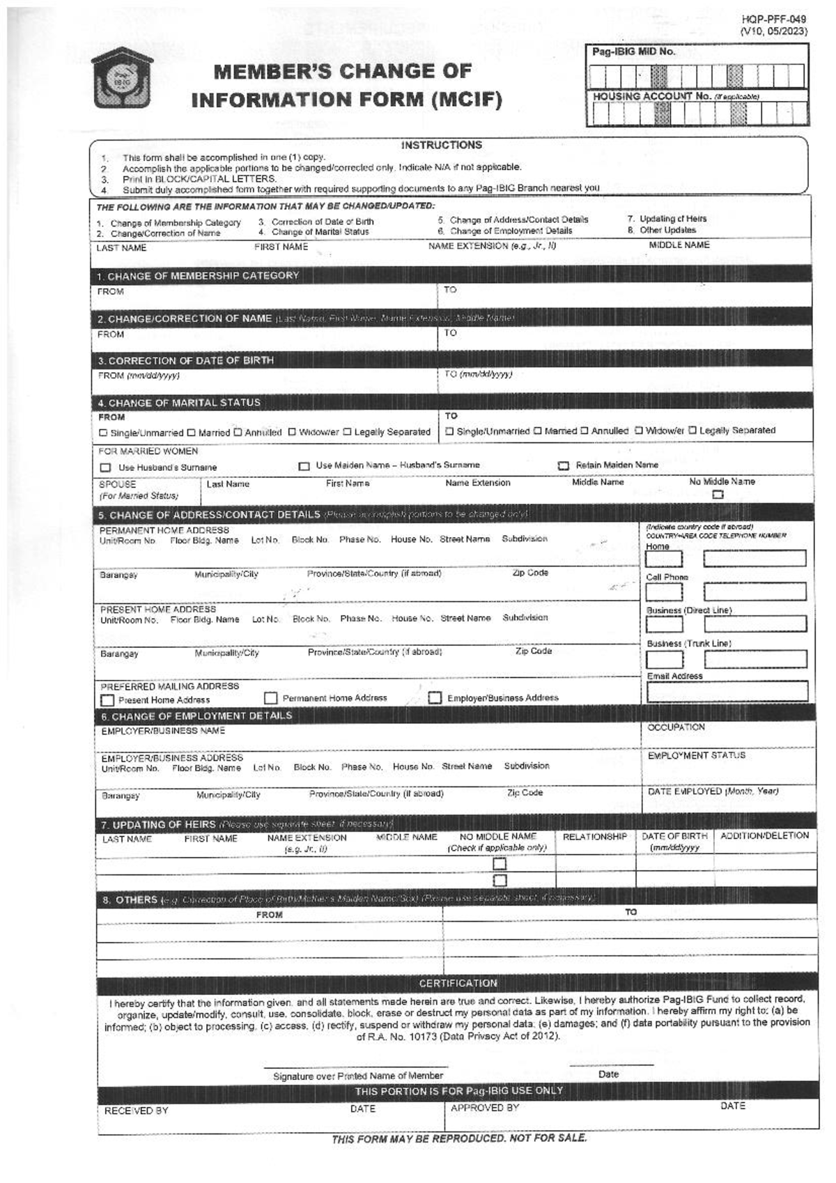Member's Change of Information Form - (V10, MID No. CHANGE OF ...