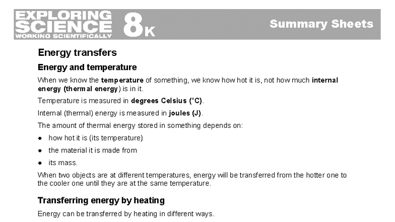 8K Summary Sheets: Energy Transfers and Temperature Concepts - Studocu