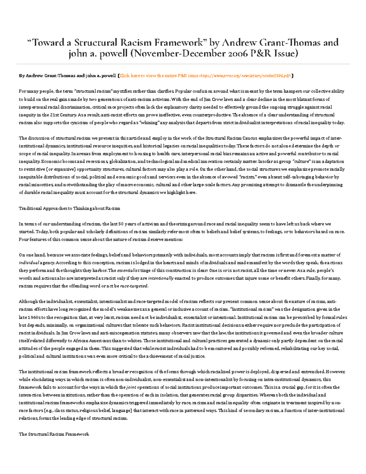 Toward a Structural Racism Framework ...RRAC — Connecting Research to ...