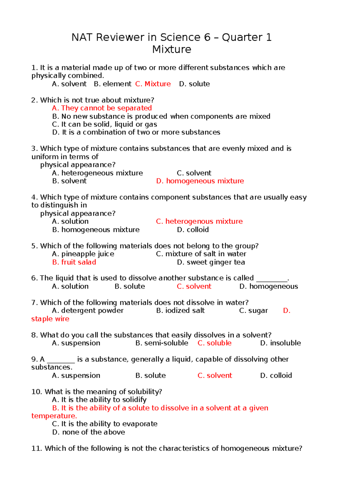NAT Reviewer in Science 6 - Mixtures & Living Things Concepts - Studocu