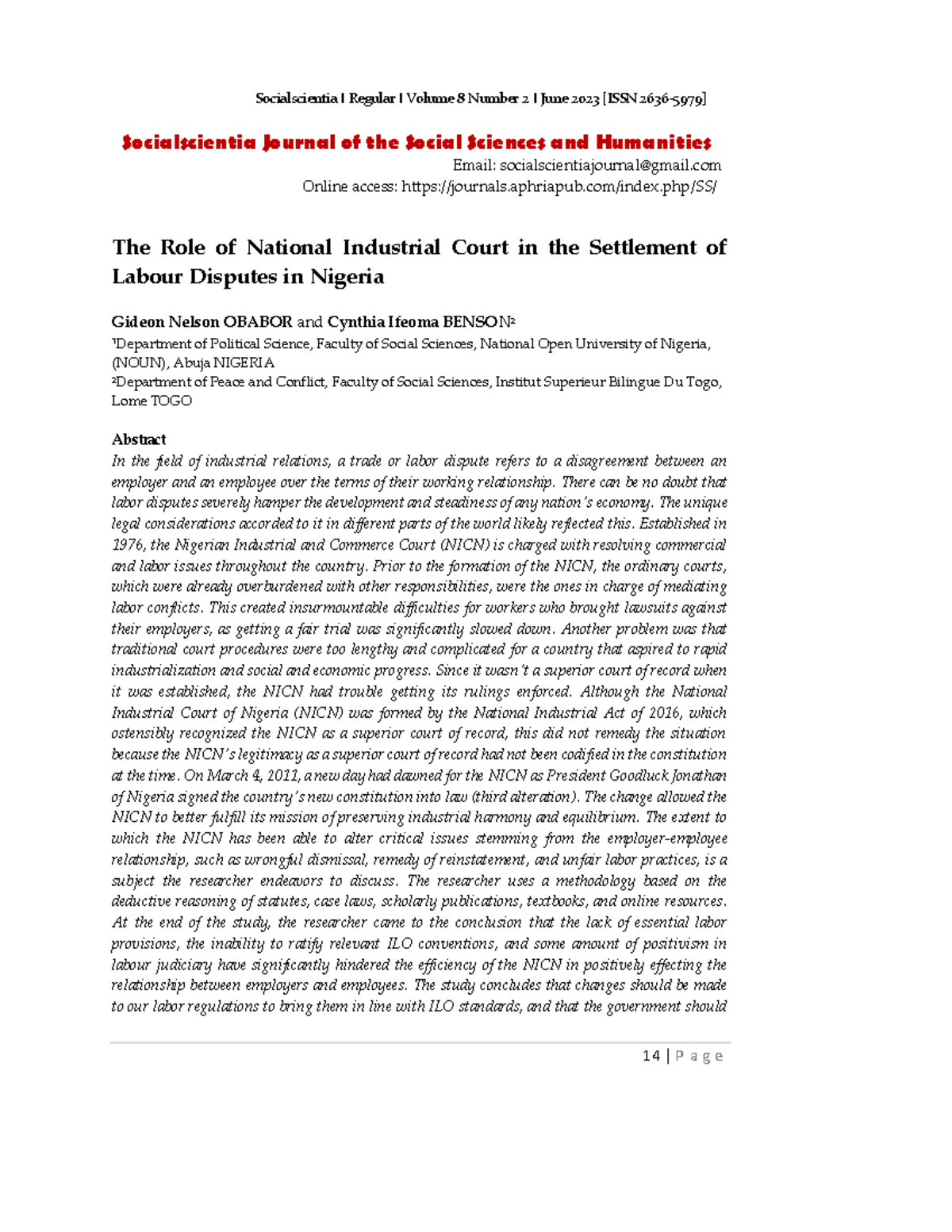 The Role of National Industrial Court (NICN) in Resolving Labour ...