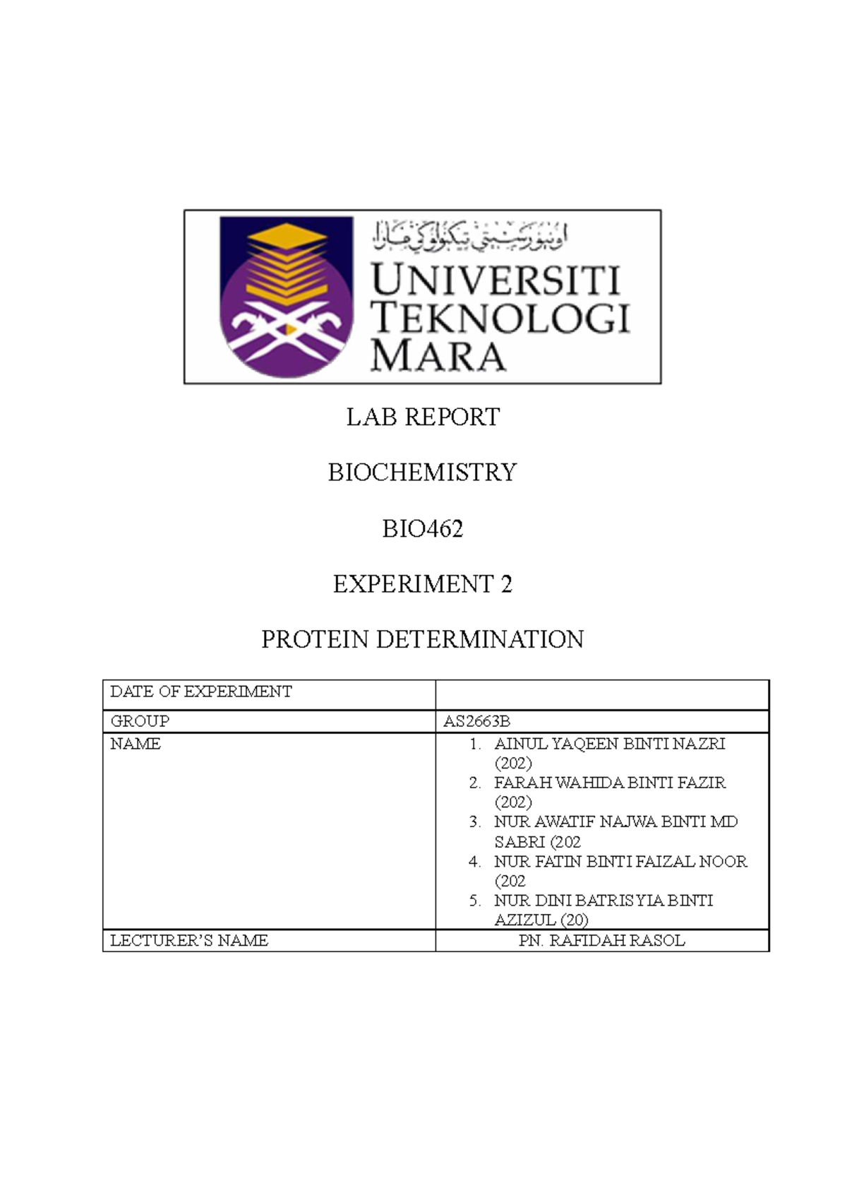 BIO462 Lab Report: Protein Determination via Spectrophotometry - Studocu