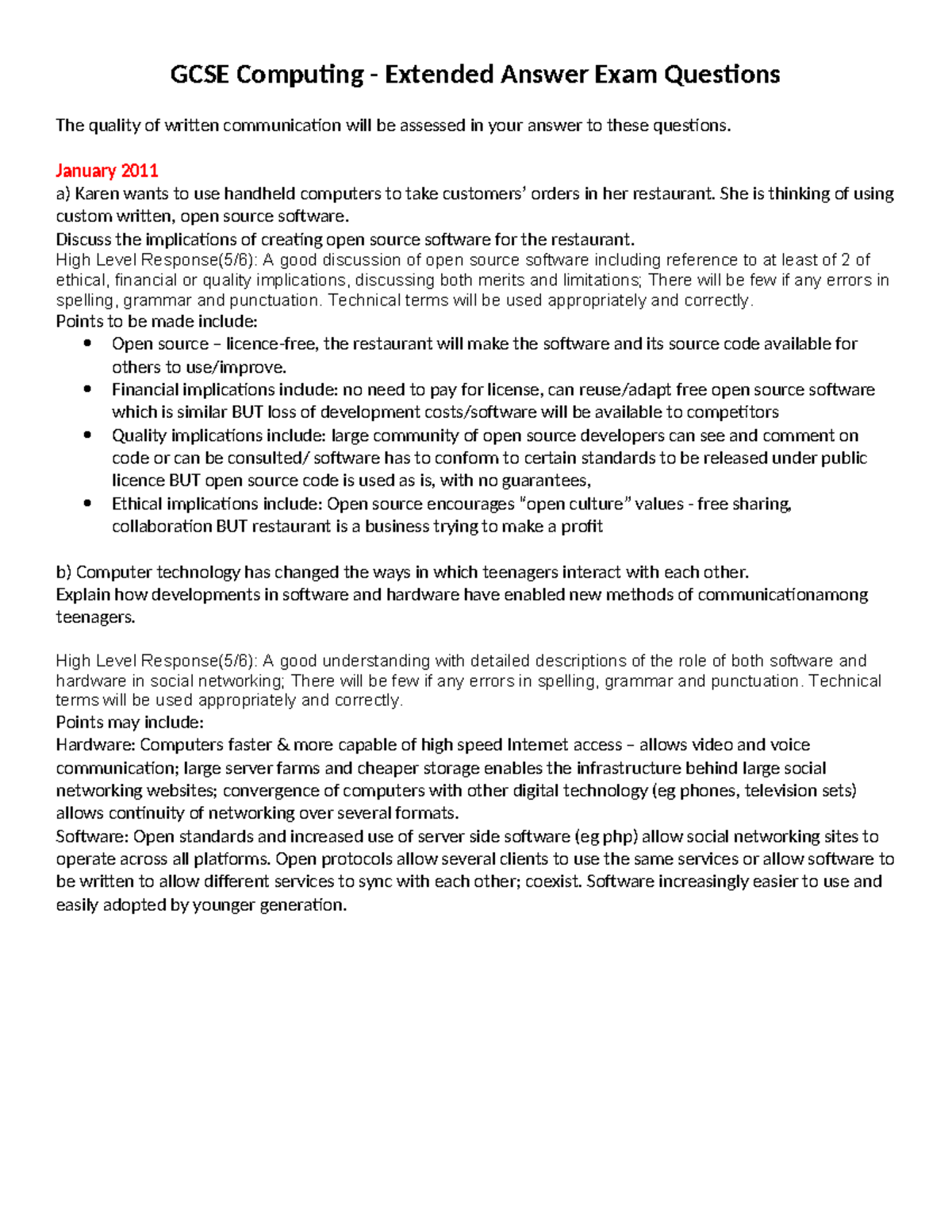 GCSE Computing - Extended Answer Exam Questions (6 Mark Responses ...