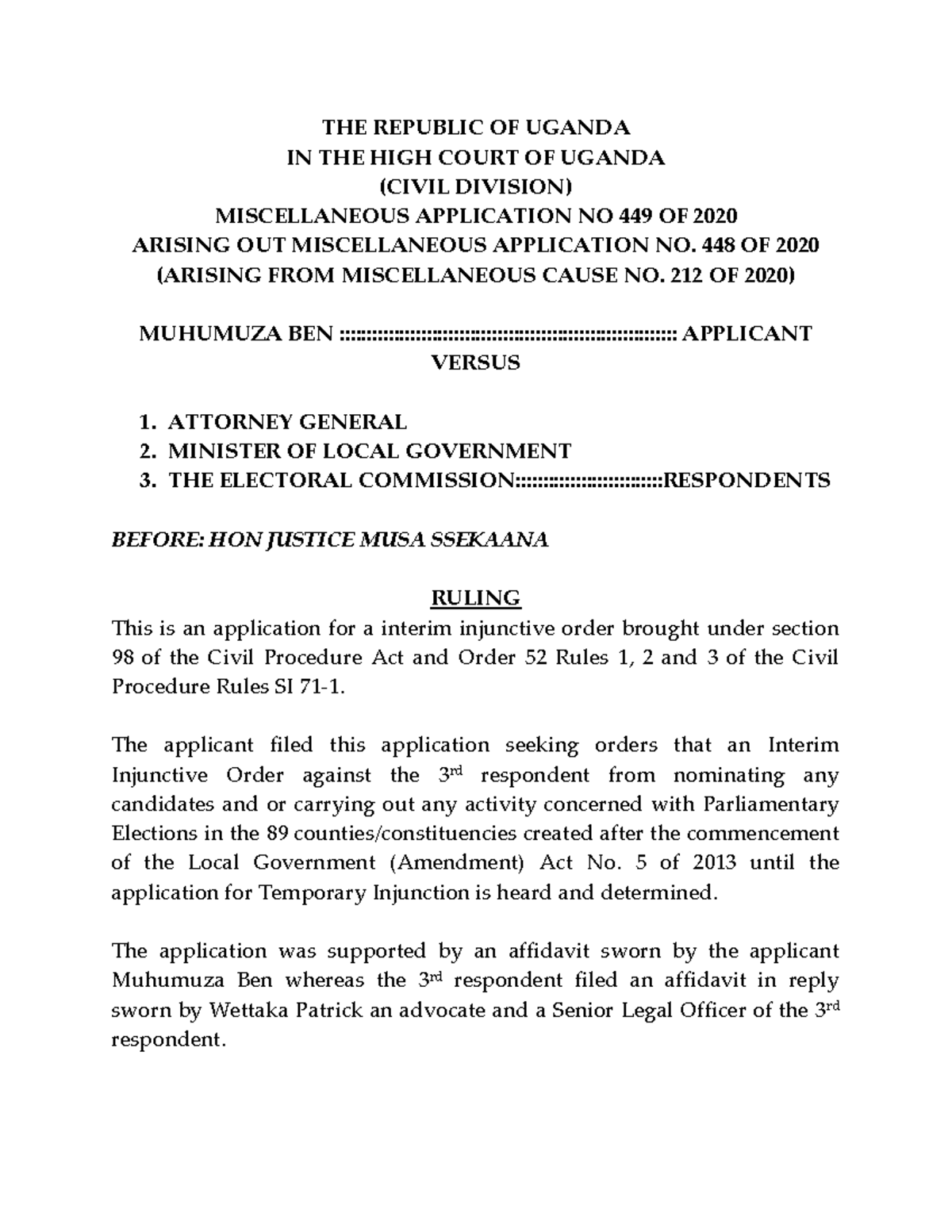 Ruling on Miscellaneous Application No. 449 of 2020: Muhumuza Ben v AG ...