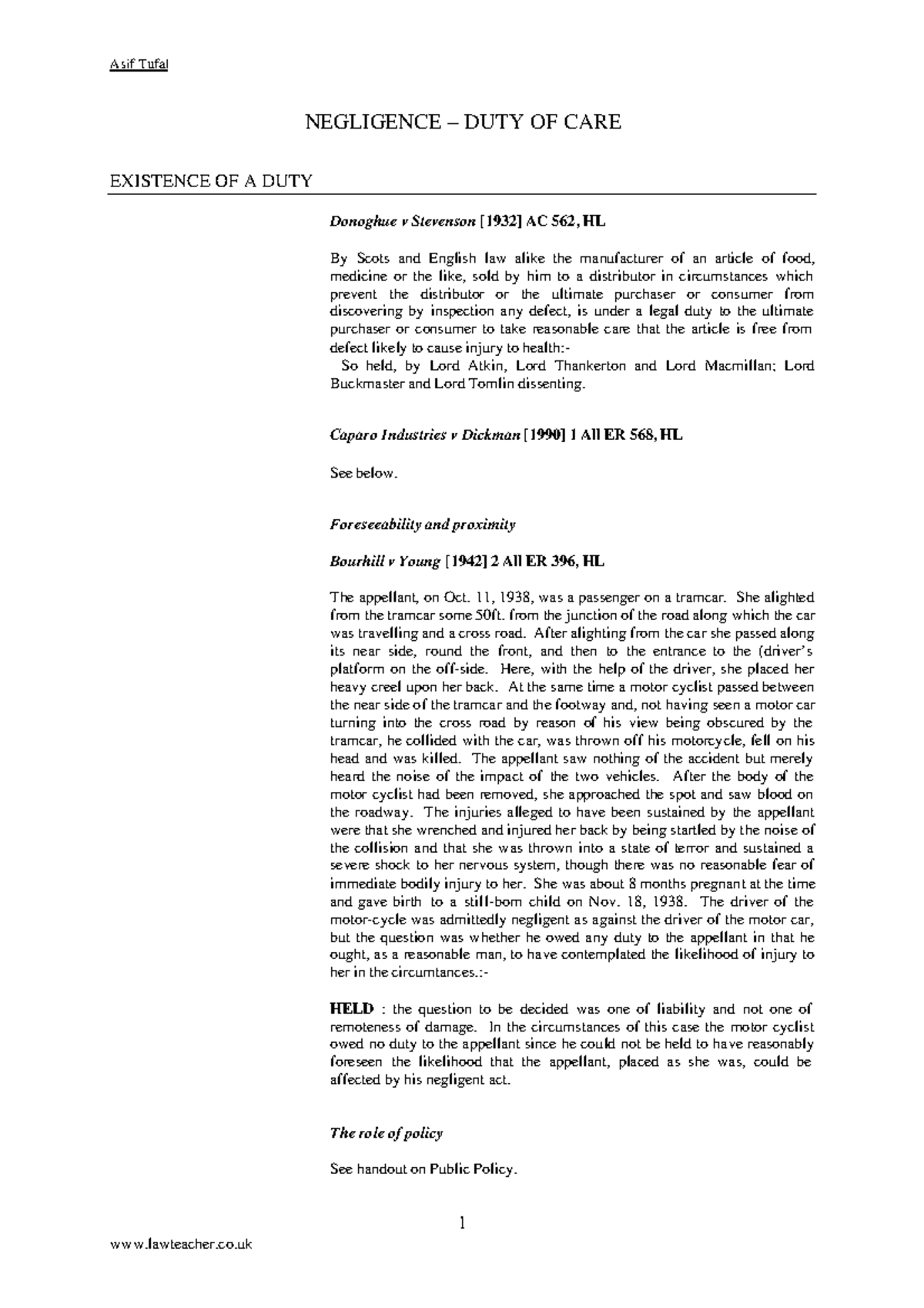 Negligence Duty of Care: Key Cases and Principles (LAW 101) - Studocu