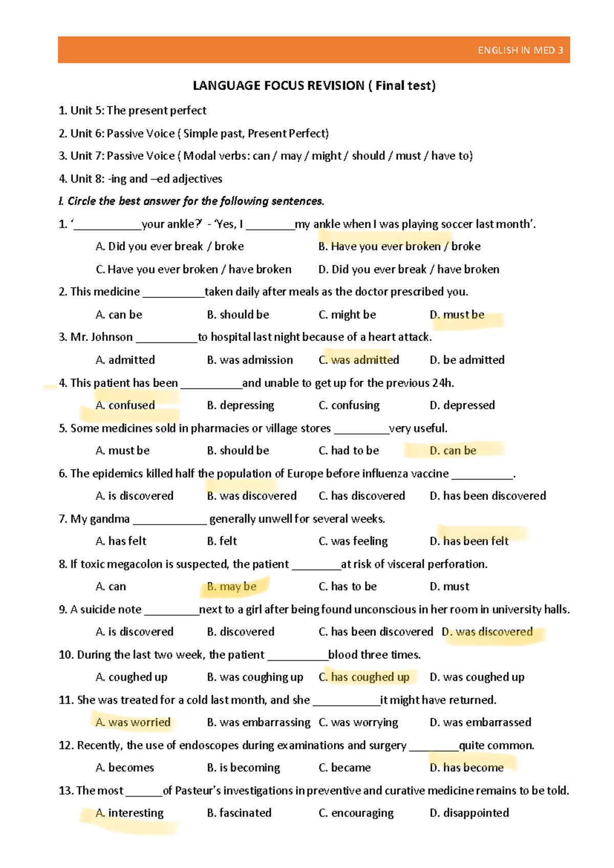 ENGLISH IN MED 3: Final Test Language Focus Revision Guide - Studocu