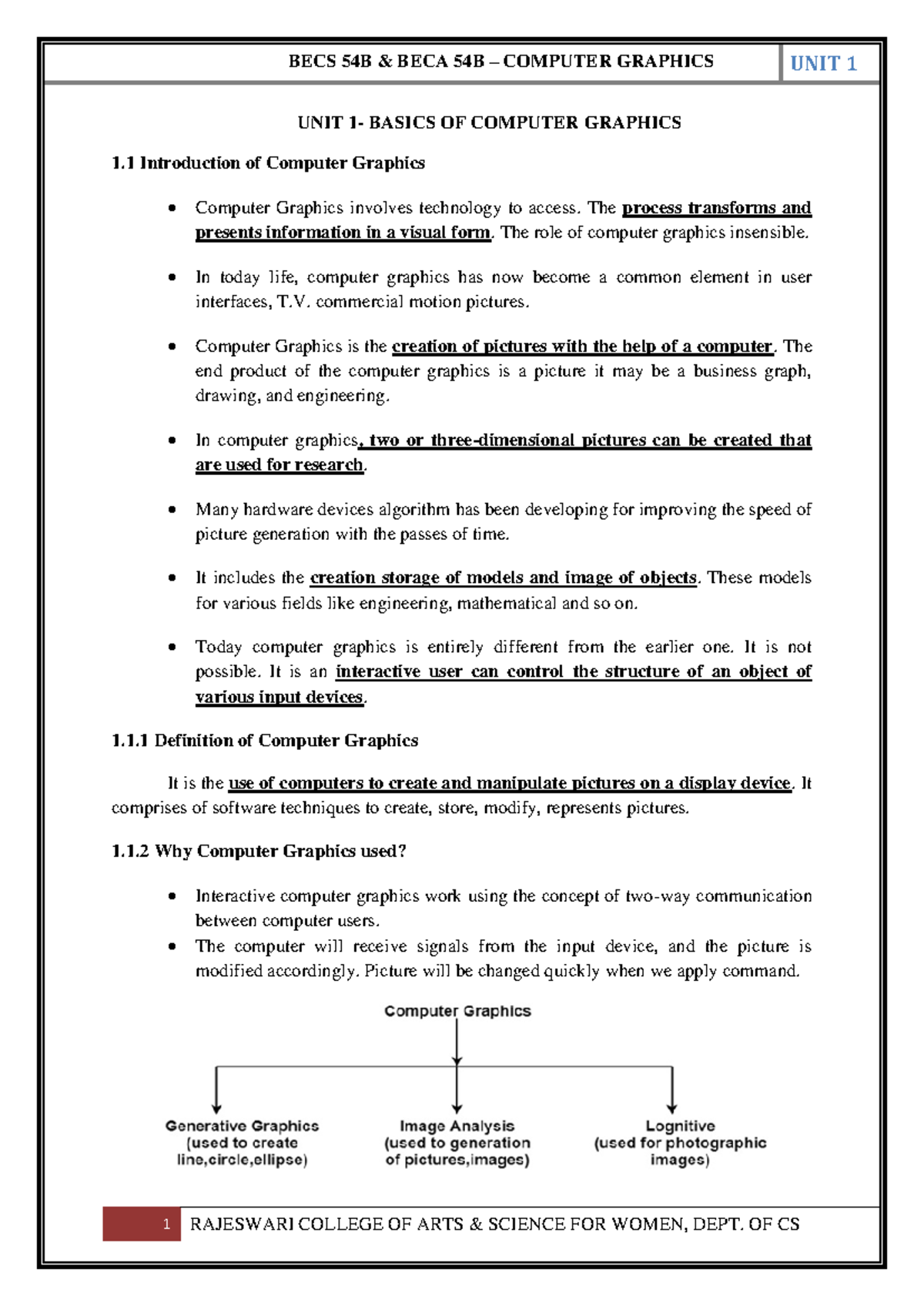 CG UNIT 1 - Basic Concepts and Applications of Computer Graphics - Studocu