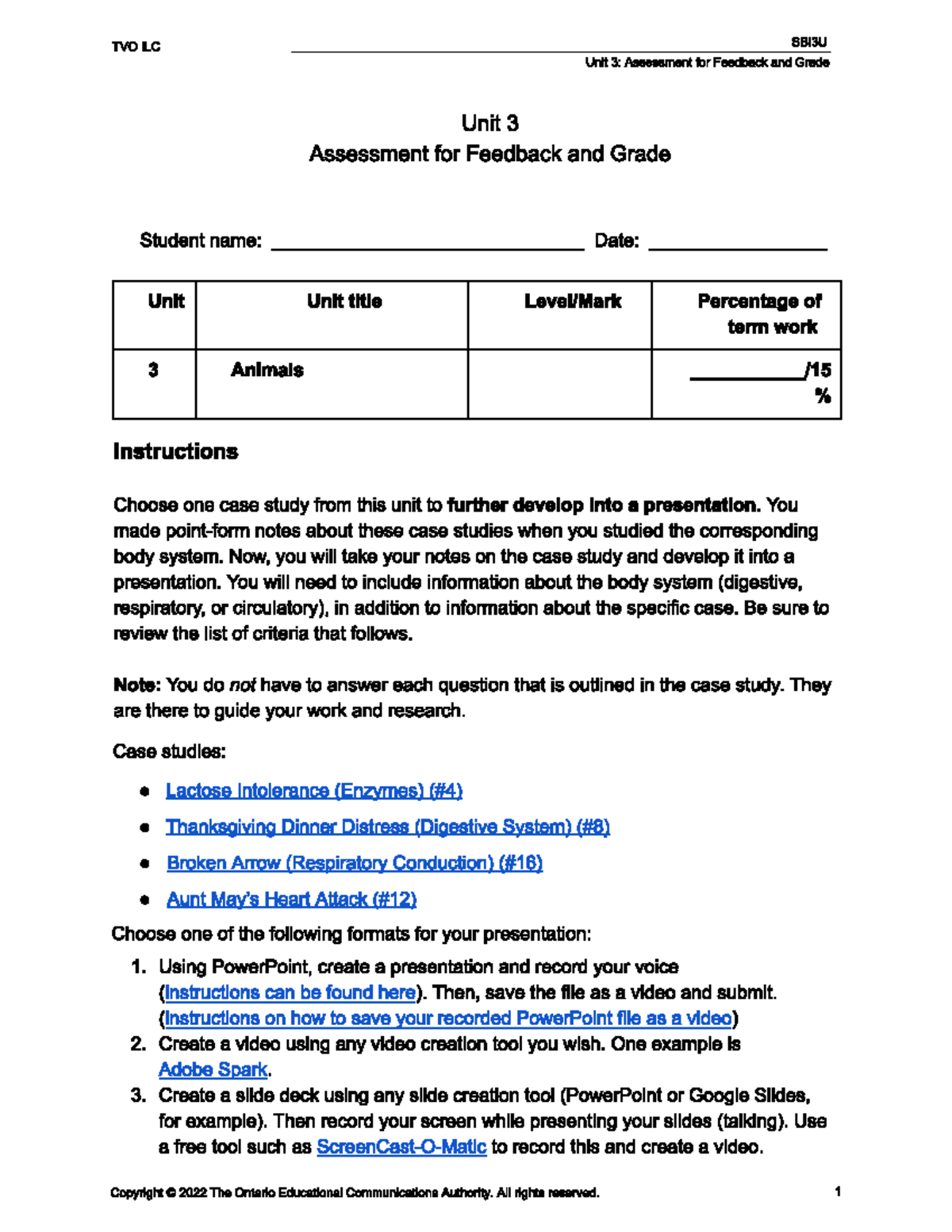 TVO ILC SBI3U Unit 3: Assessment Task on Animal Case Studies - Studocu