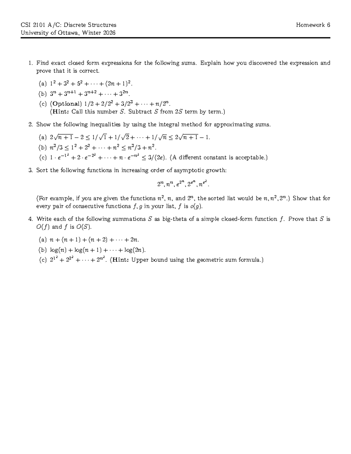 CSI 2101 - Winter 2026 Discrete Structures Homework 6 Solutions - Studocu