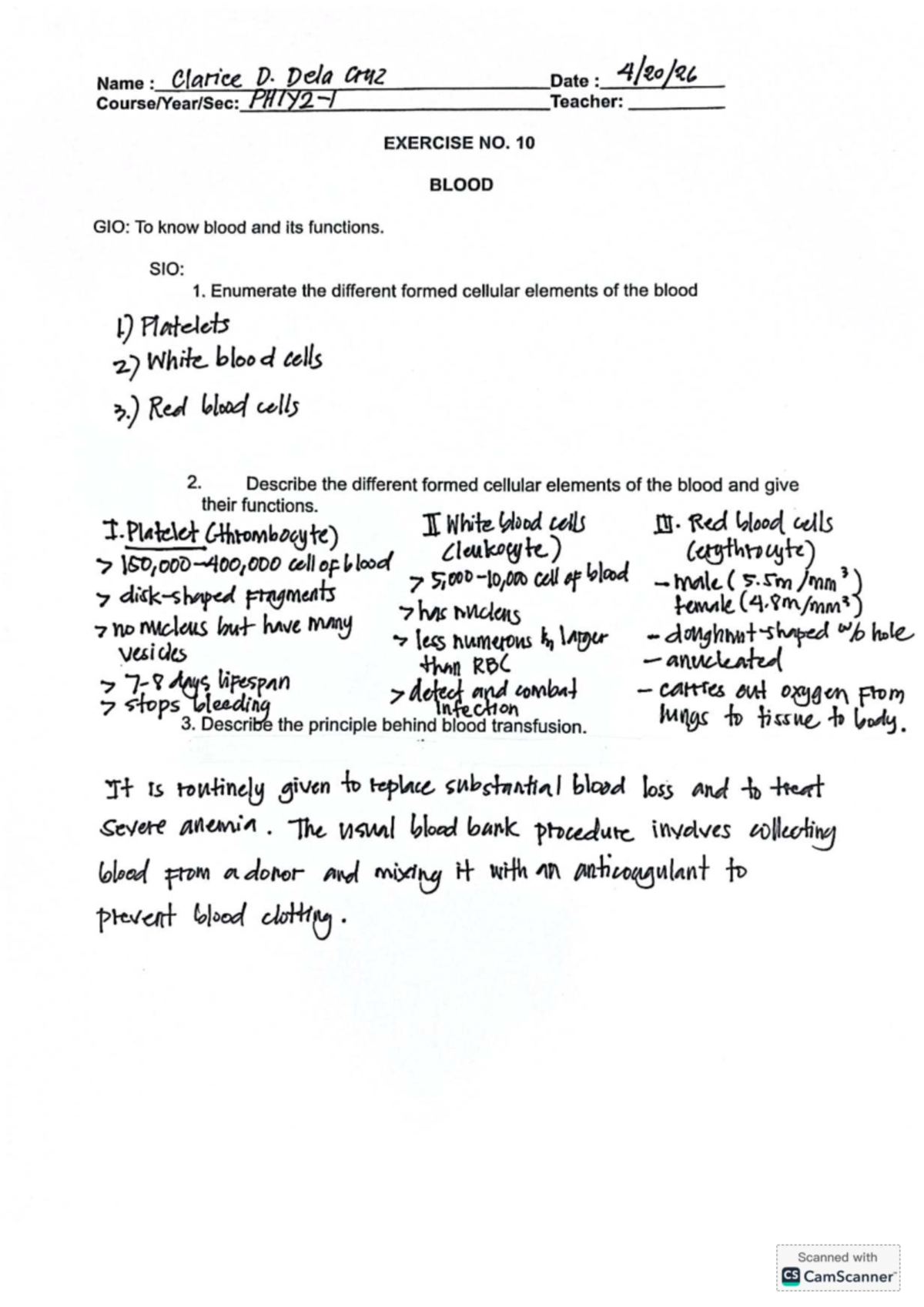 Exercise No. 10: Blood Functions and Cellular Elements - Studocu