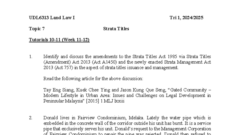 UDL6313 Land Law I Topic 7 Tutorial: Strata Titles Amendments & Issues ...