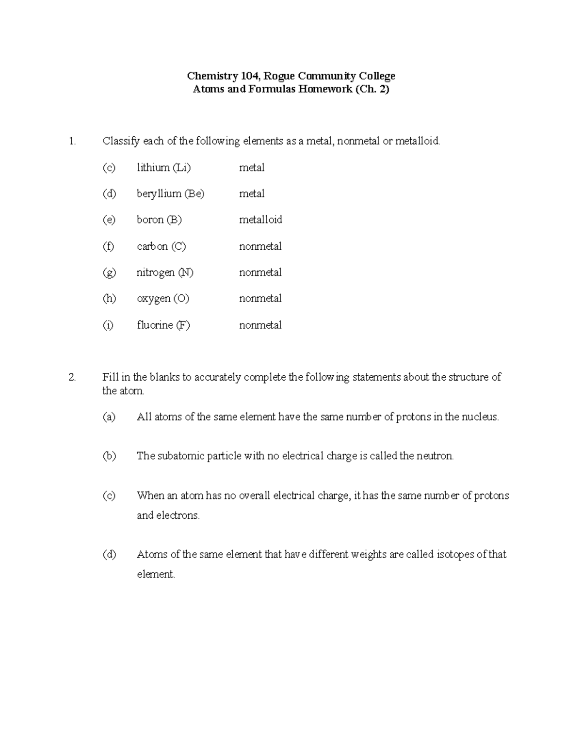 Chapter 2 Homework: Atoms and Formulas CHEM104 - Studocu
