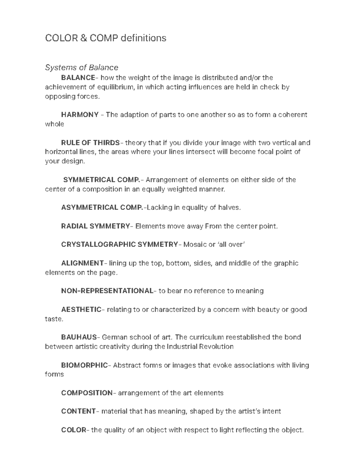 ART 101: Color and Composition Definitions for Analysis - Studocu