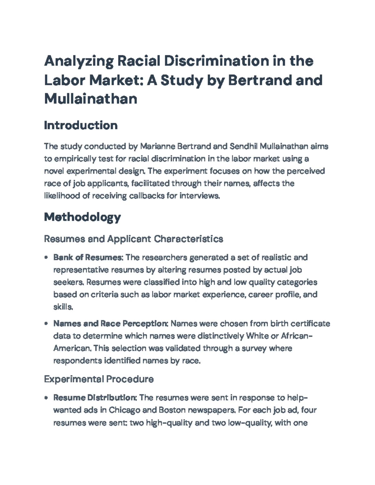 Race and Labor Market Discrimination: A Field Experiment on Resumes ...