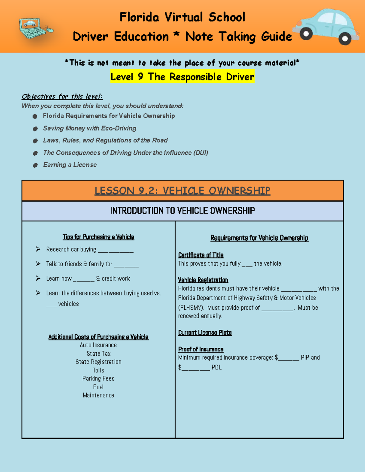Florida Virtual School Driver Ed Level 9 Guided Notes - Studocu