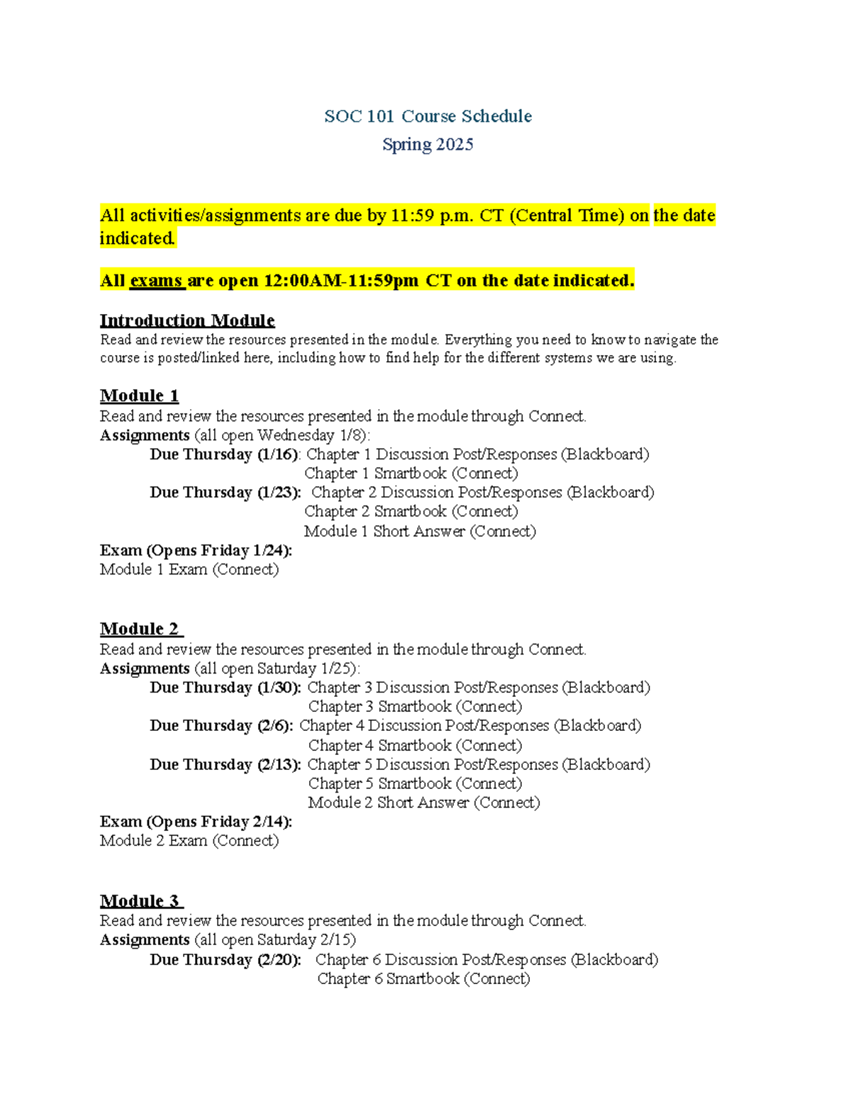 SOC 101 Course Schedule - Spring 2025 - SOC 101 Course Schedule Spring ...