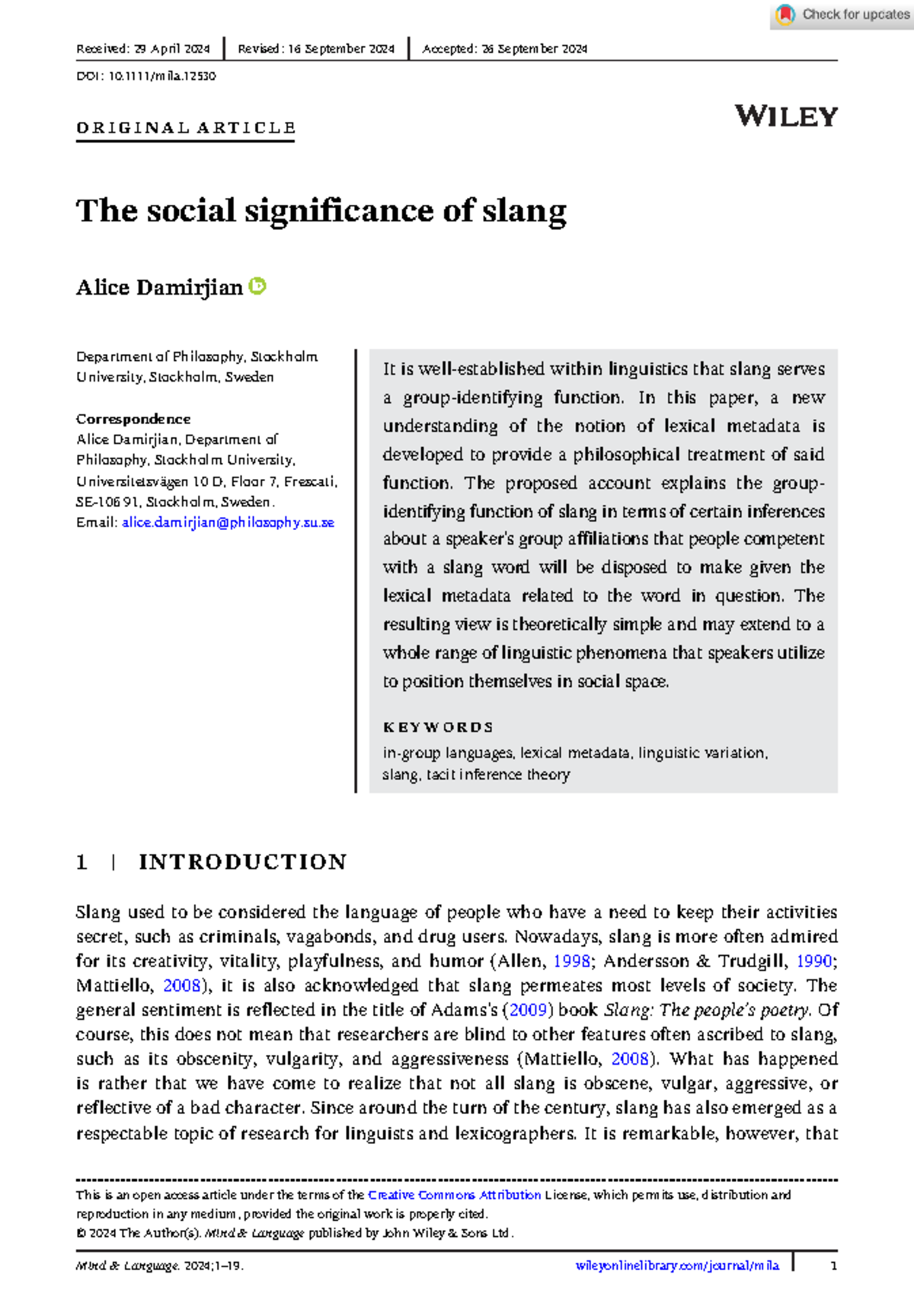 The Social Significance and Group-Identifying Functions of Slang - O R ...