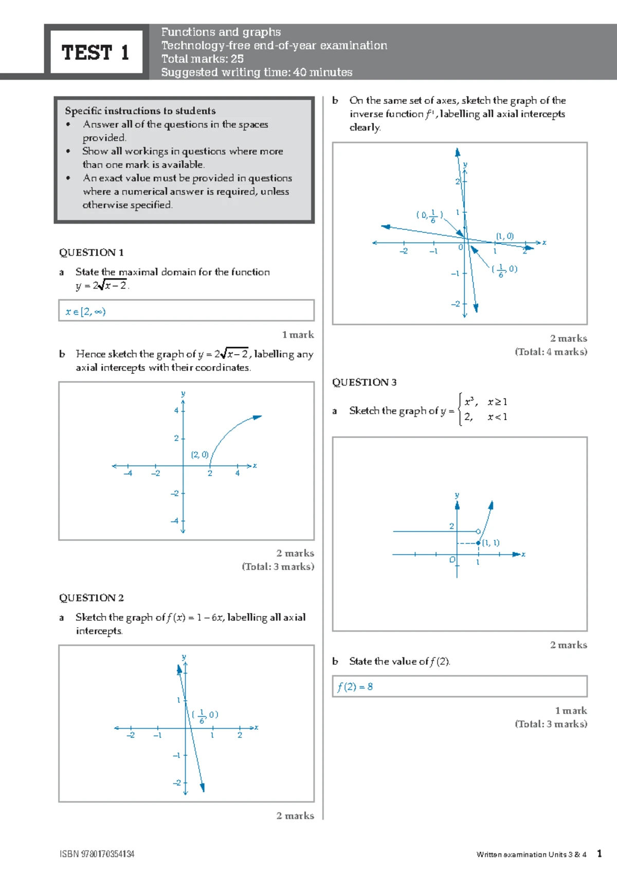 Mathematical Methods Exam 1 VCE Units 3 4 - Functions & Calculus Test ...