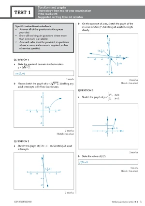 Mathematical Methods Exam 1 VCE Units 3 4 - Functions & Calculus Test ...