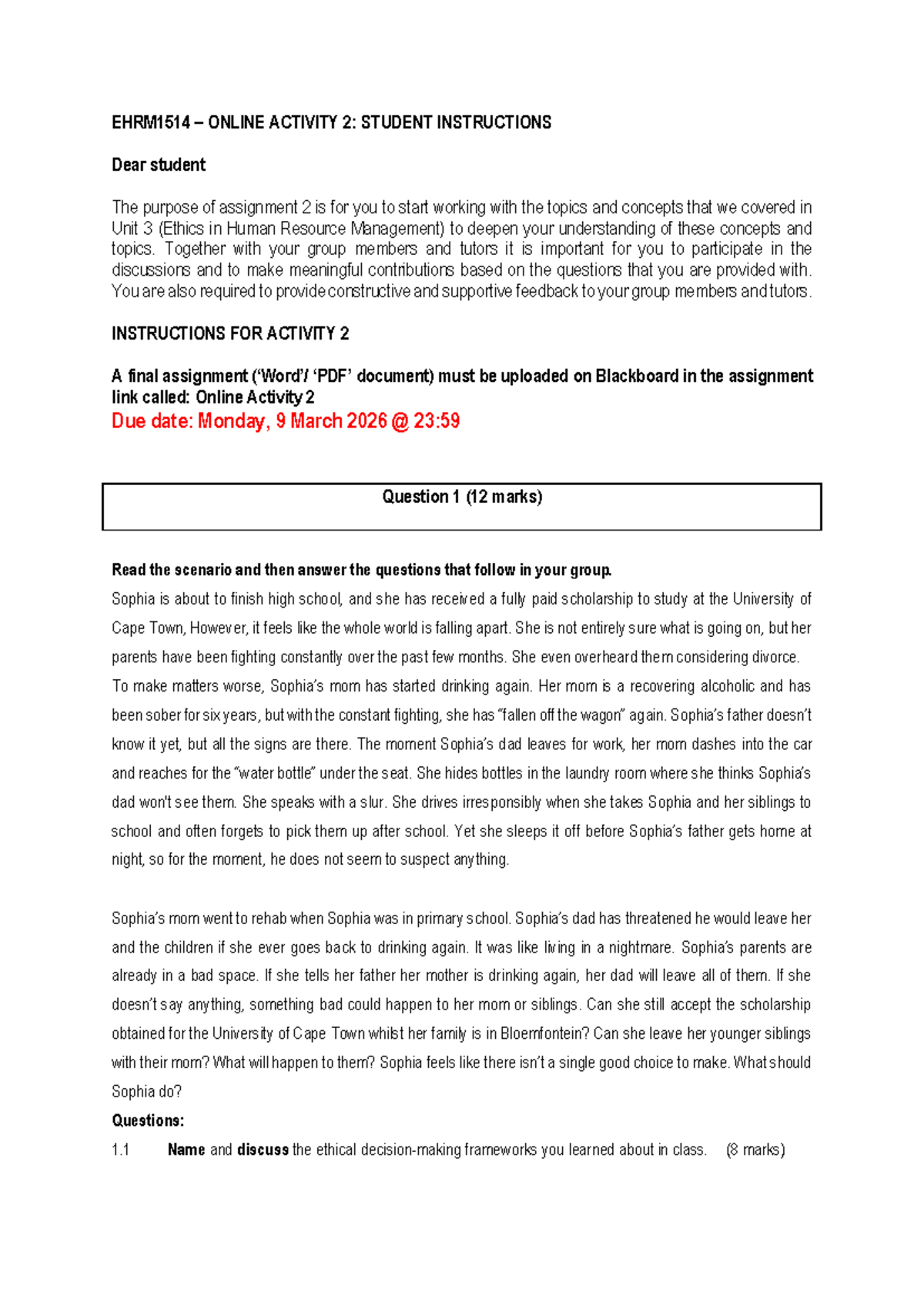 EHRM1514 ONLINE ACTIVITY 2: ETHICS IN HRM SCENARIO ANALYSIS - Studocu