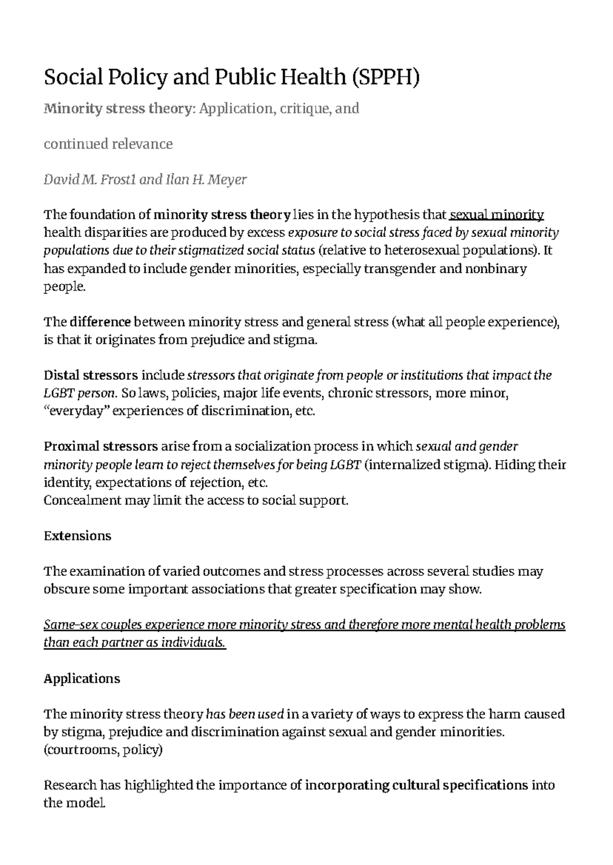 SPPH Minority Stress Theory: Application, Critique, and Relevance ...