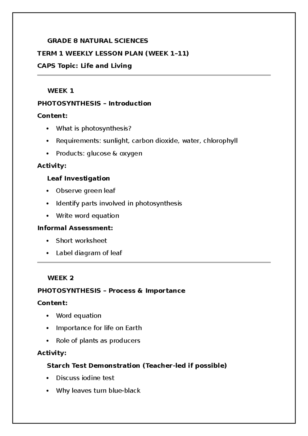 GRADE 8 NATURAL SCIENCES TERM 1 WEEKLY LESSON PLANS - Studocu