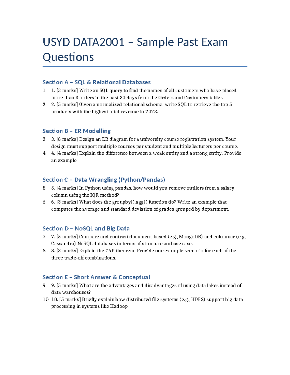 USYD DATA2001 Sample Past Exam Questions on SQL & NoSQL Concepts - Studocu
