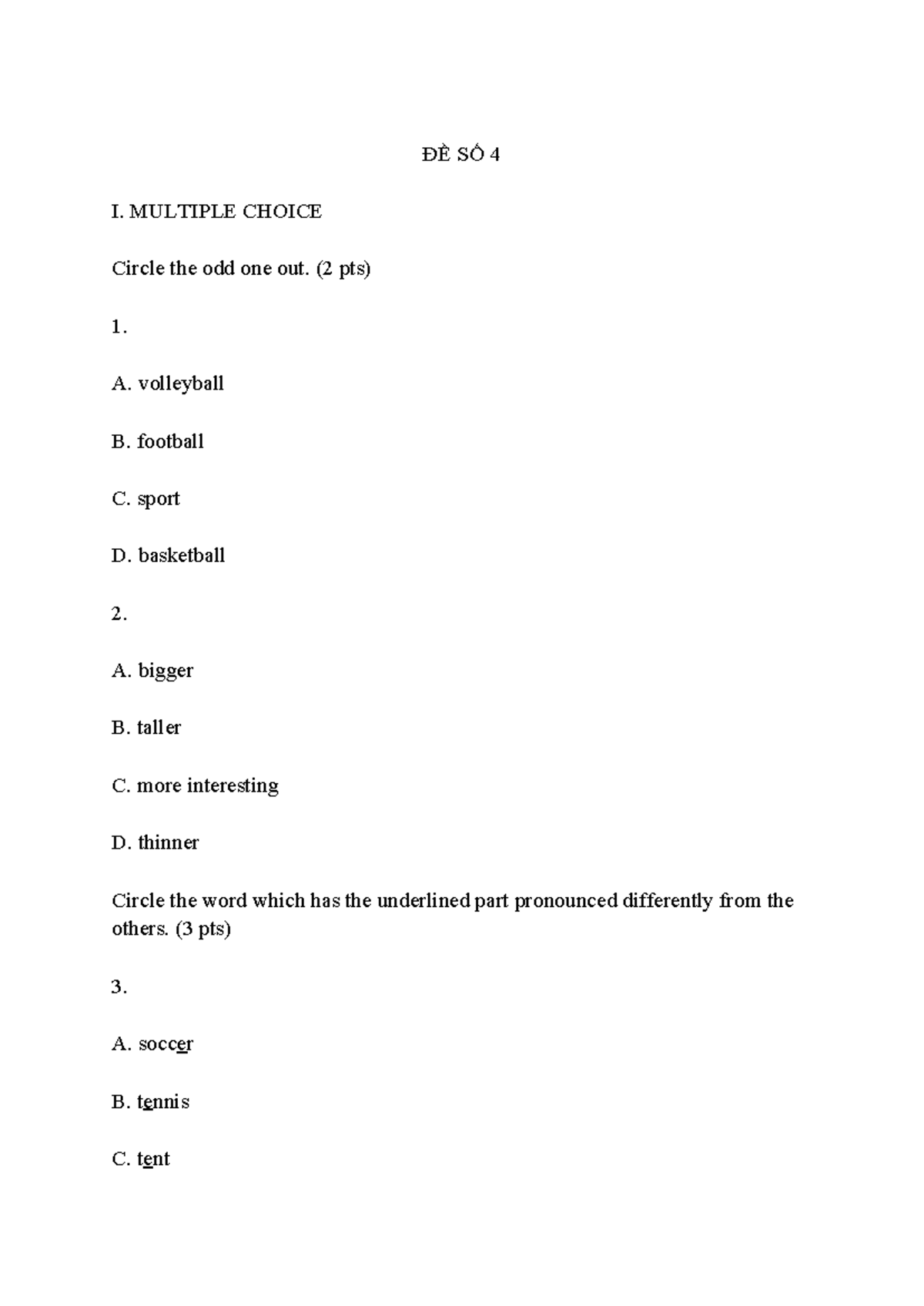 ĐỀ SỐ 4 - Multiple Choice & Writing Exercises for English Class - Studocu