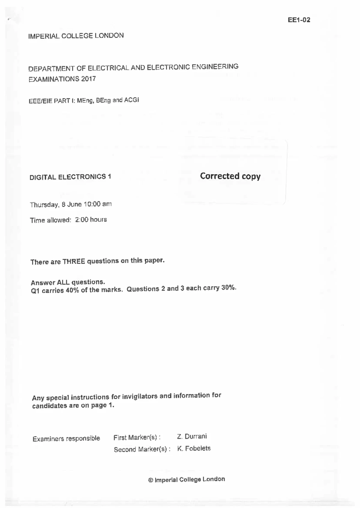 ELEC40003 Digital Electronics and Computer Architecture EXAM Paper ...
